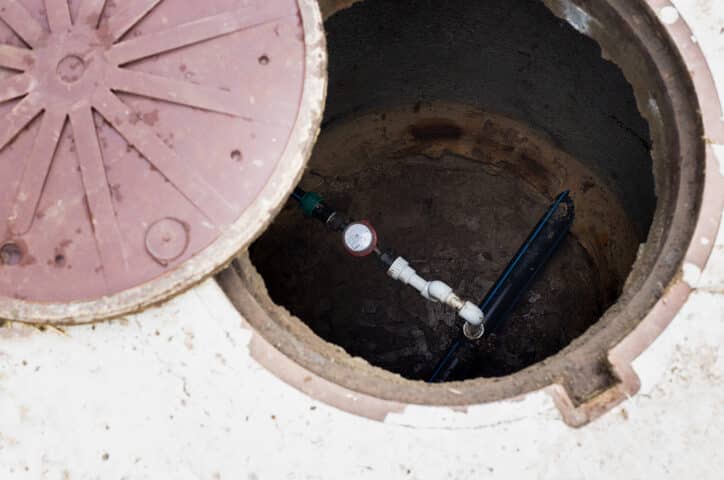 A water meter installed inside an open underground utility access hole with a pink lid.