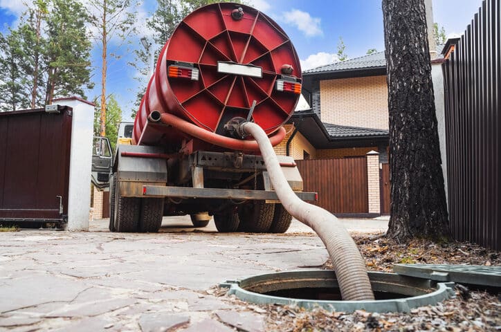sewage truck with a large red tank using a hose to service an underground septic system